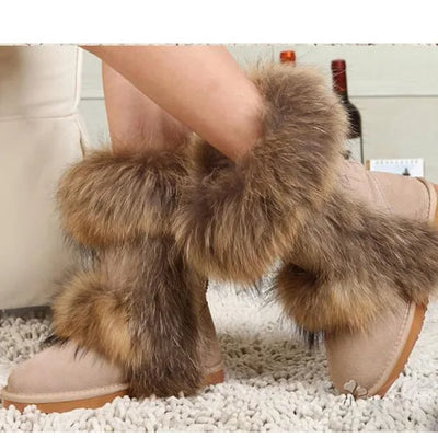New Fashion Big Fox Fur Woman Snow Boots Lady Winter Boots Genuine Cowhide Leather Mid-calf Warm Boots Women Boots Shoes