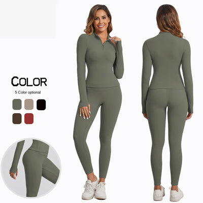 Women's Winter Yoga Set High-Grade Zipper Jacket Top Slimming Warm High-Waist Sports Two-Piece Suit
