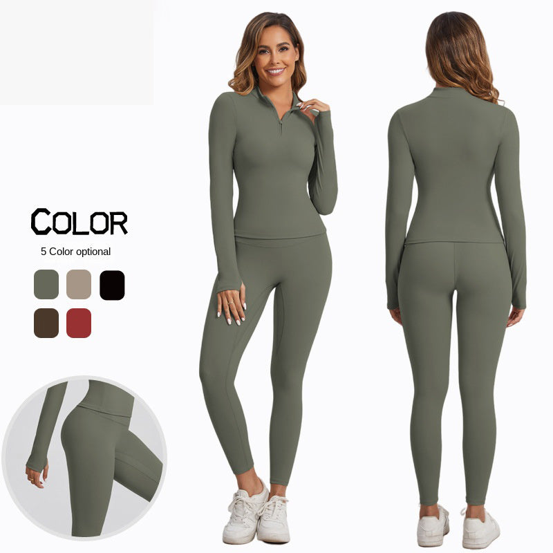 Women's Winter Yoga Set High-Grade Zipper Jacket Top Slimming Warm High-Waist Sports Two-Piece Suit