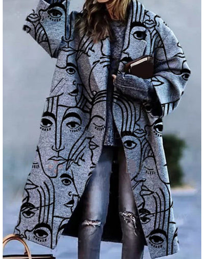 Autumn Women's Long Sleeve Lapel Coat Printed Woolen Coat