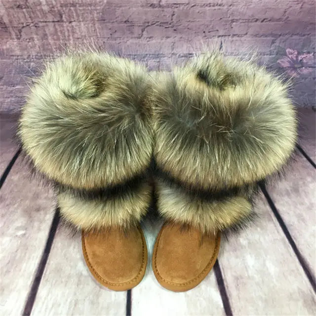 New Fashion Big Fox Fur Woman Snow Boots Lady Winter Boots Genuine Cowhide Leather Mid-calf Warm Boots Women Boots Shoes