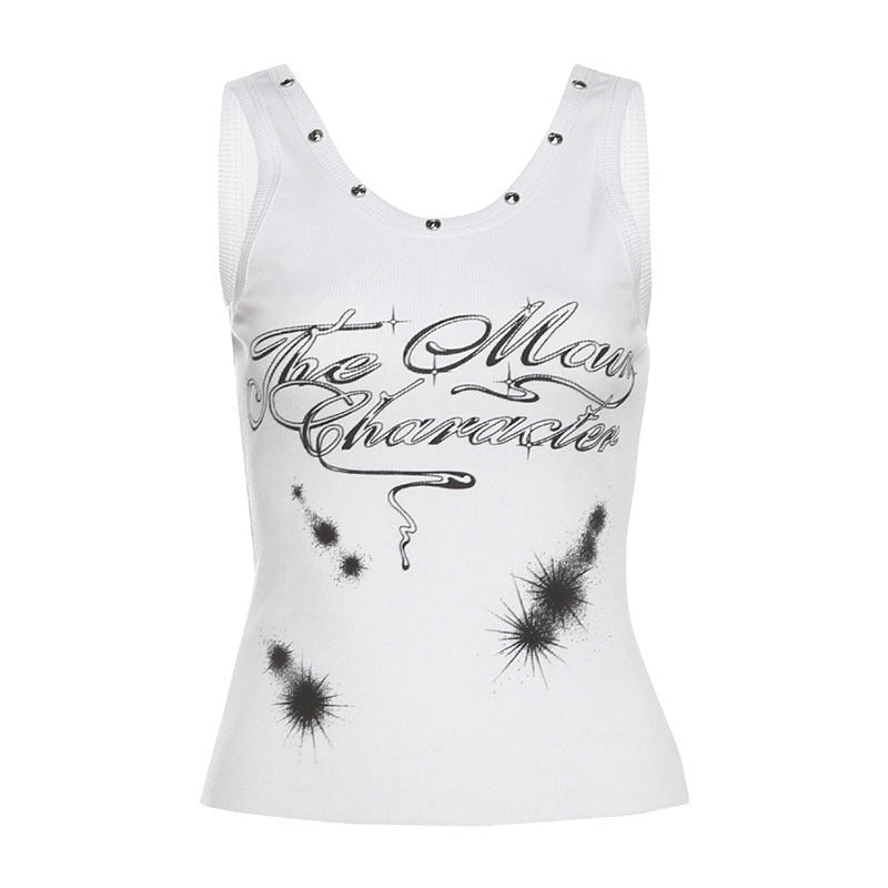 Style Round Neck Street Fashion Women's Sleeveless Fitted Solid Color Printed Vest