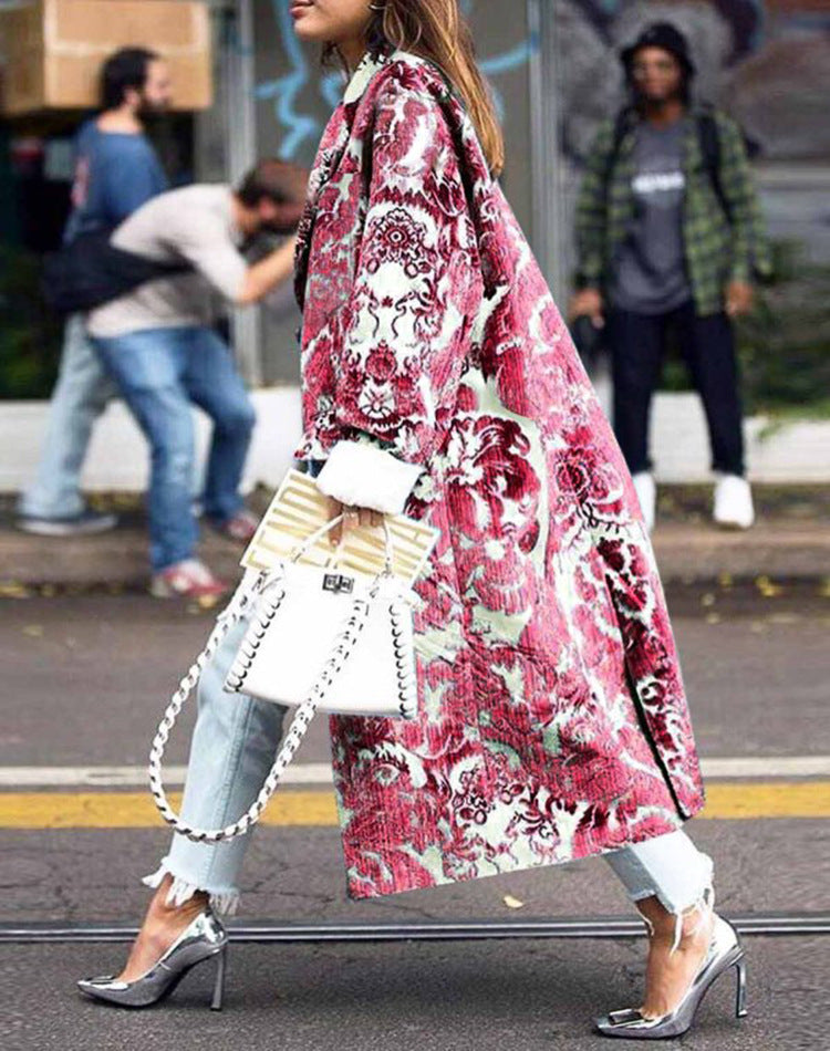 Autumn Women's Long Sleeve Lapel Coat Printed Woolen Coat