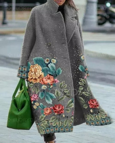 Autumn Women's Long Sleeve Lapel Coat Printed Woolen Coat