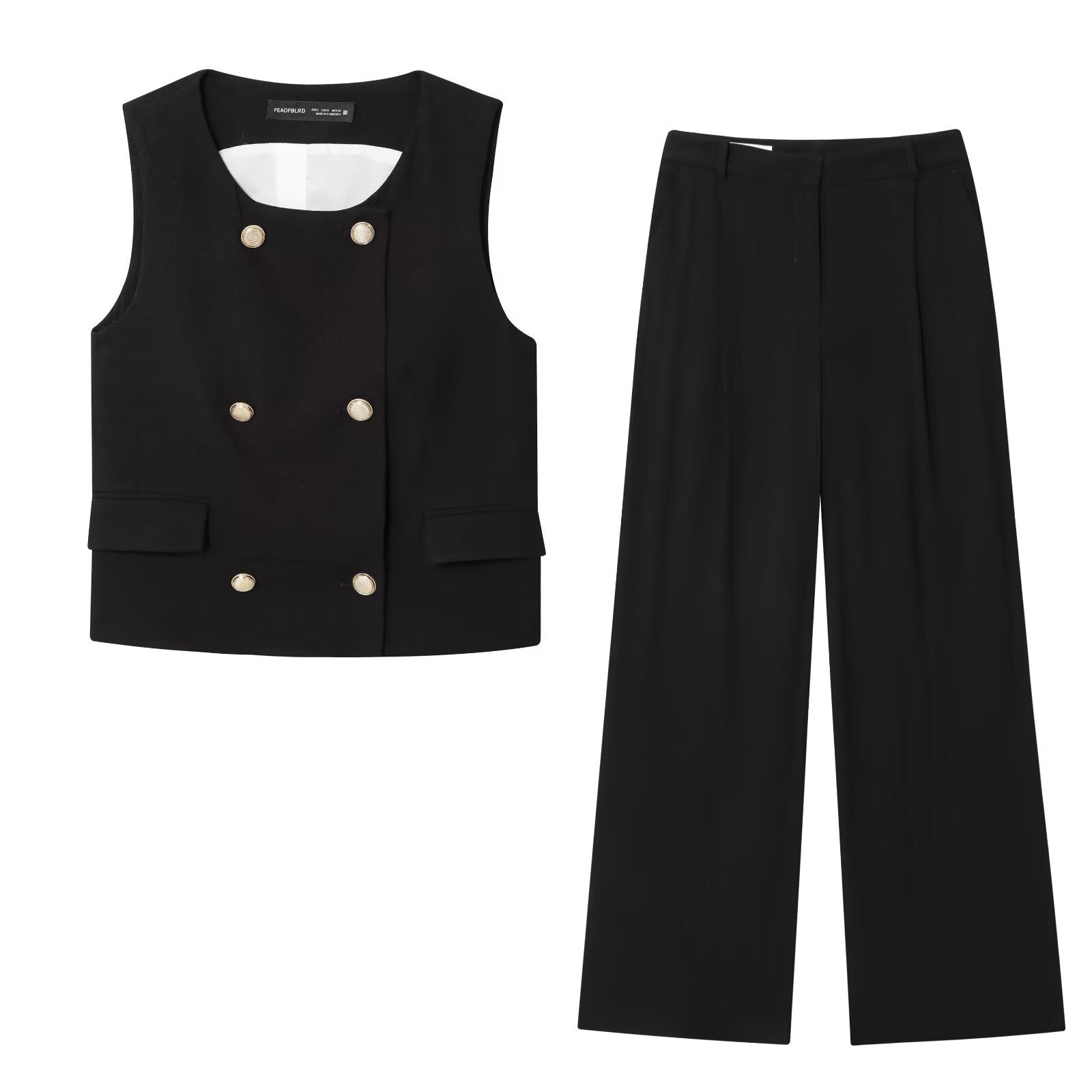 Women's Fashion Double-Breasted Gilded Layer Button Vest + Pleated Loose Pants Set