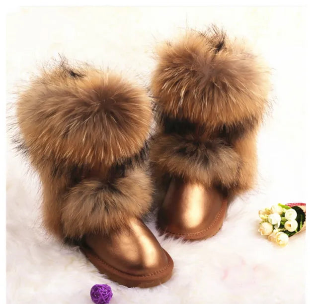 New Fashion Big Fox Fur Woman Snow Boots Lady Winter Boots Genuine Cowhide Leather Mid-calf Warm Boots Women Boots Shoes
