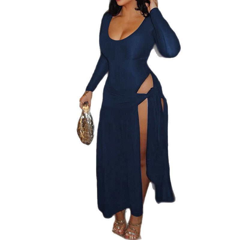 Women's Fashion Sexy Long Sleeve Jumpsuit Belted Skirt Set