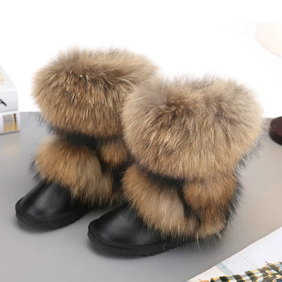 New Fashion Big Fox Fur Woman Snow Boots Lady Winter Boots Genuine Cowhide Leather Mid-calf Warm Boots Women Boots Shoes