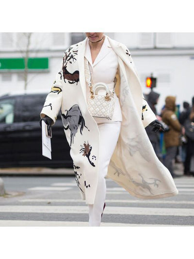 Autumn Women's Long Sleeve Lapel Coat Printed Woolen Coat