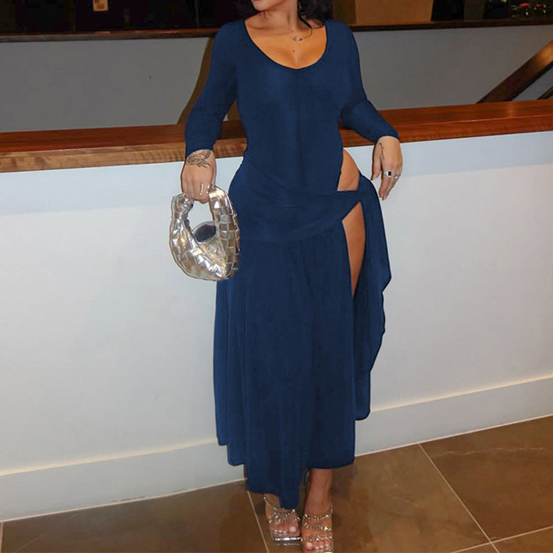 Women's Fashion Sexy Long Sleeve Jumpsuit Belted Skirt Set