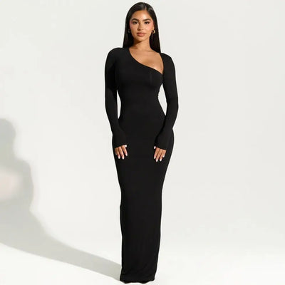 Sexy Black Evening Party Dress Women Elegant 2023 Fall Winter New Outfits Asymmetrical Long Sleeve Slit Maxi Dresses 809
