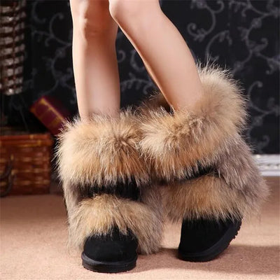New Fashion Big Fox Fur Woman Snow Boots Lady Winter Boots Genuine Cowhide Leather Mid-calf Warm Boots Women Boots Shoes