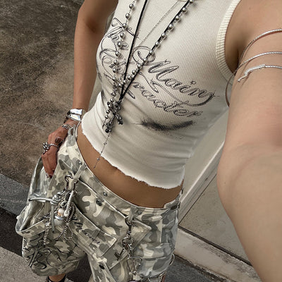 Style Round Neck Street Fashion Women's Sleeveless Fitted Solid Color Printed Vest