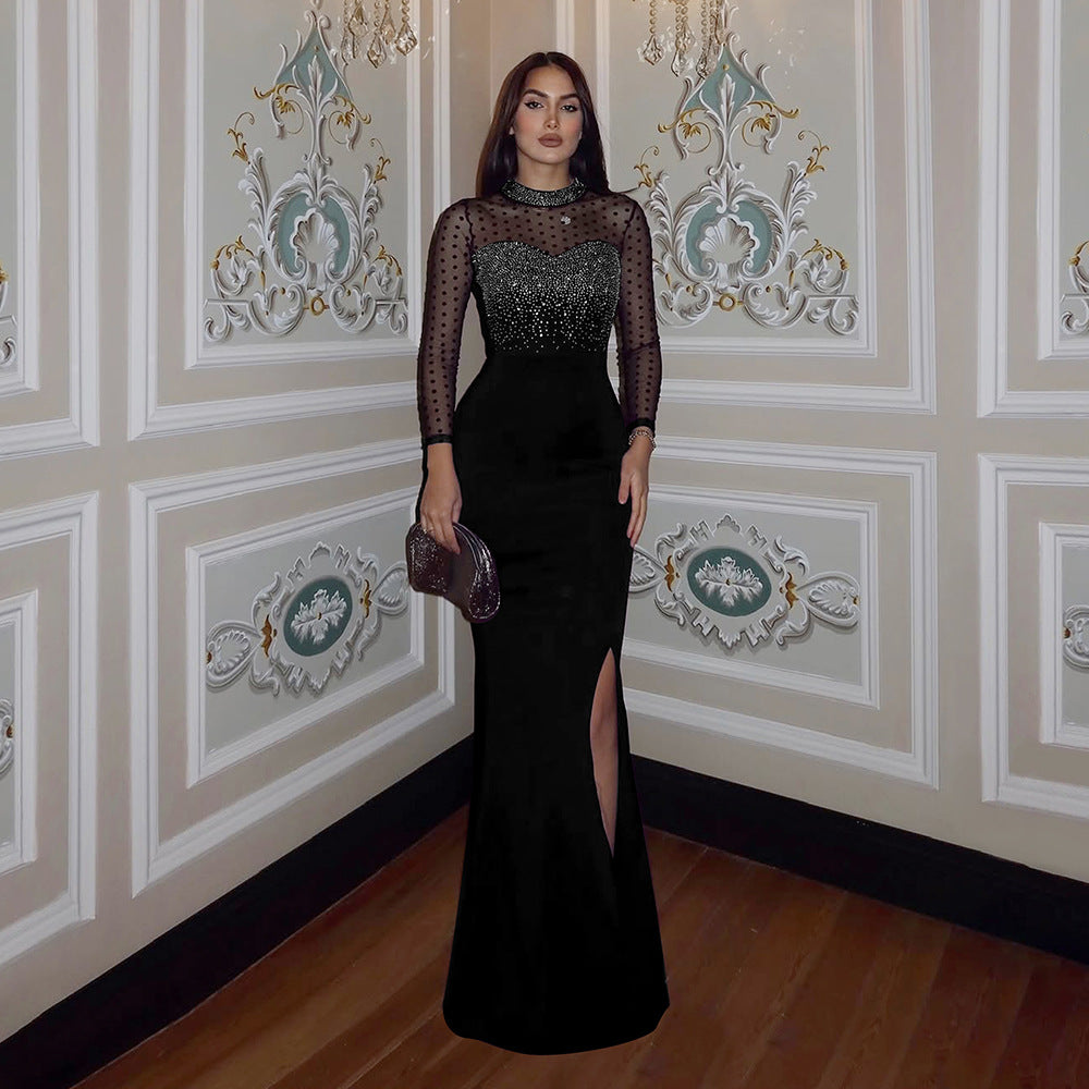 Long Sleeve Spliced Waist-Slimming Slit Dress Women's Fitted Long Evening Gown