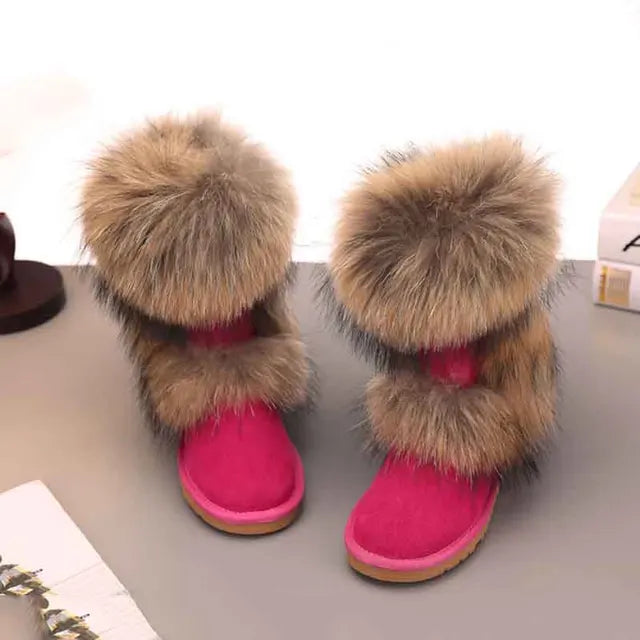 New Fashion Big Fox Fur Woman Snow Boots Lady Winter Boots Genuine Cowhide Leather Mid-calf Warm Boots Women Boots Shoes