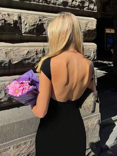 Backless Dress Fitted Fashion Women's Short Sleeve Round Neck Trendy Bodycon