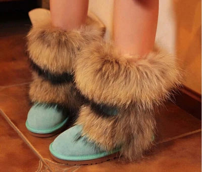 New Fashion Big Fox Fur Woman Snow Boots Lady Winter Boots Genuine Cowhide Leather Mid-calf Warm Boots Women Boots Shoes
