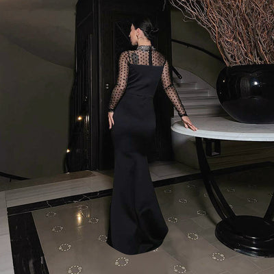 Long Sleeve Spliced Waist-Slimming Slit Dress Women's Fitted Long Evening Gown