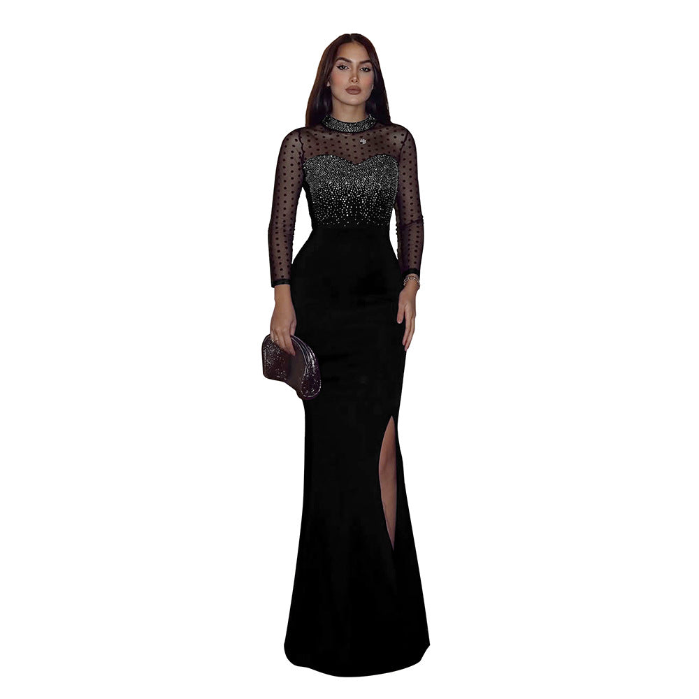 Long Sleeve Spliced Waist-Slimming Slit Dress Women's Fitted Long Evening Gown