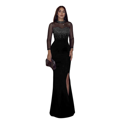 Long Sleeve Spliced Waist-Slimming Slit Dress Women's Fitted Long Evening Gown