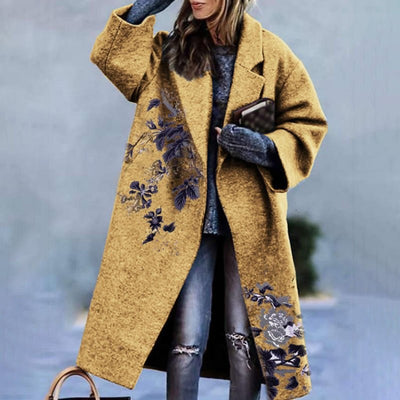 Autumn Women's Long Sleeve Lapel Coat Printed Woolen Coat