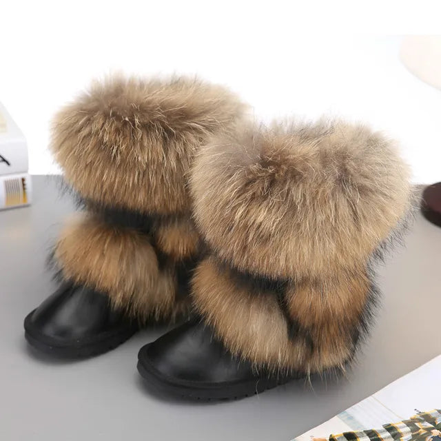 New Fashion Big Fox Fur Woman Snow Boots Lady Winter Boots Genuine Cowhide Leather Mid-calf Warm Boots Women Boots Shoes