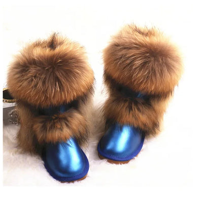 New Fashion Big Fox Fur Woman Snow Boots Lady Winter Boots Genuine Cowhide Leather Mid-calf Warm Boots Women Boots Shoes
