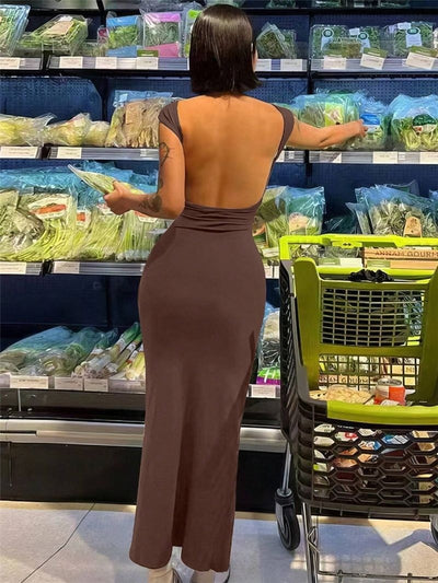 Backless Dress Fitted Fashion Women's Short Sleeve Round Neck Trendy Bodycon
