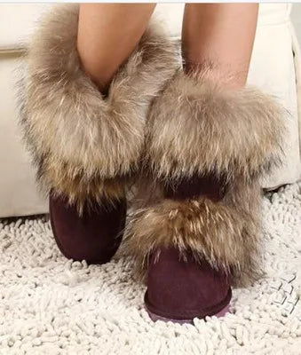 New Fashion Big Fox Fur Woman Snow Boots Lady Winter Boots Genuine Cowhide Leather Mid-calf Warm Boots Women Boots Shoes