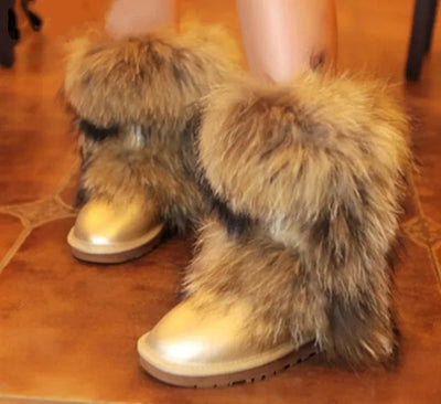 New Fashion Big Fox Fur Woman Snow Boots Lady Winter Boots Genuine Cowhide Leather Mid-calf Warm Boots Women Boots Shoes