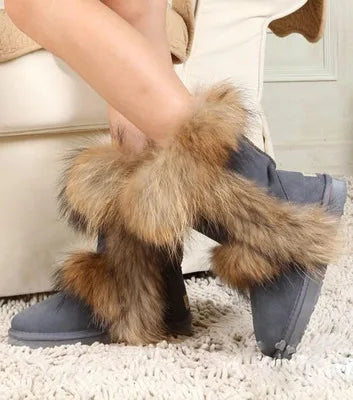 New Fashion Big Fox Fur Woman Snow Boots Lady Winter Boots Genuine Cowhide Leather Mid-calf Warm Boots Women Boots Shoes