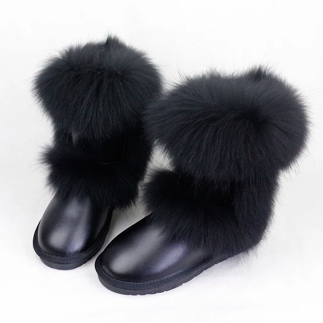 New Fashion Big Fox Fur Woman Snow Boots Lady Winter Boots Genuine Cowhide Leather Mid-calf Warm Boots Women Boots Shoes