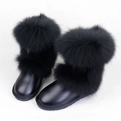 New Fashion Big Fox Fur Woman Snow Boots Lady Winter Boots Genuine Cowhide Leather Mid-calf Warm Boots Women Boots Shoes