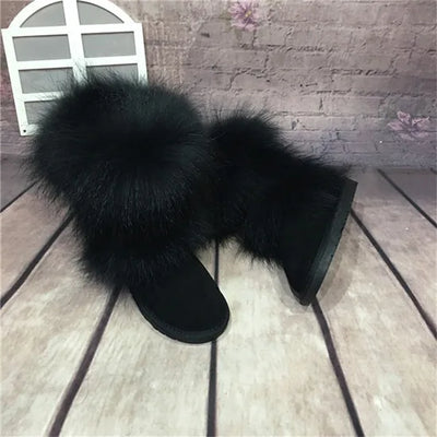 New Fashion Big Fox Fur Woman Snow Boots Lady Winter Boots Genuine Cowhide Leather Mid-calf Warm Boots Women Boots Shoes