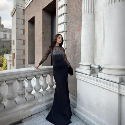 Long Sleeve Spliced Waist-Slimming Slit Dress Women's Fitted Long Evening Gown