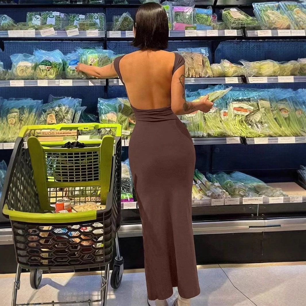 Backless Dress Fitted Fashion Women's Short Sleeve Round Neck Trendy Bodycon